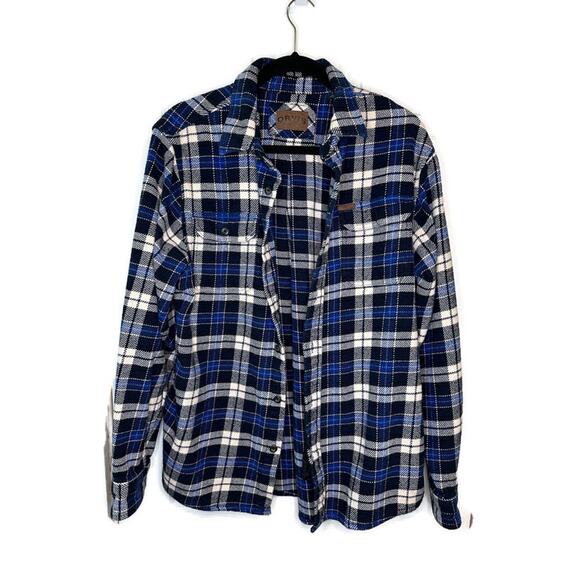 Orvis Plaid Flannel Shirt Button Down Shacket Mens Medium Blue Black Cotton - Picture 2 of 9